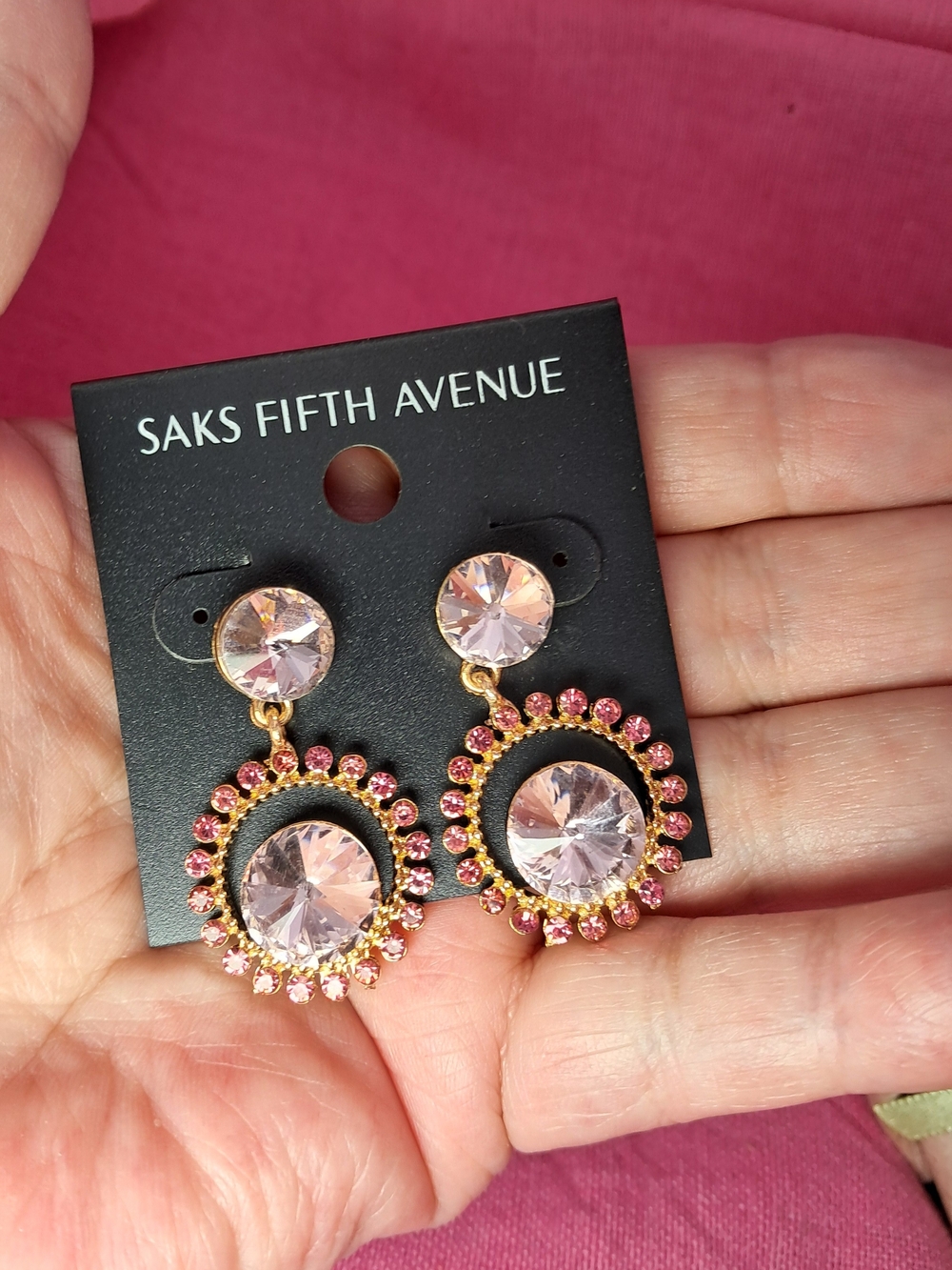 NWT Saks Fifth Avenue Pink Rhinestone Drop Earrings (Goldtone)